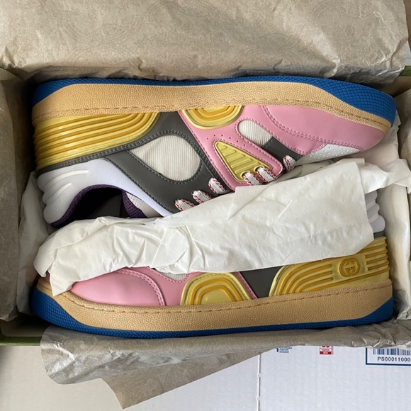 NEW GUCCI Basket Panelled Low-Top Sneaker in Pastel Pink Yellow White Demetra 40 - Picture 7 of 14